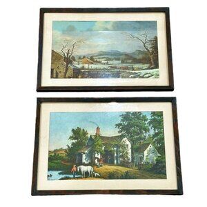 2 VTG Currier Ives Framed Prints Village Blacksmith - Old Grist Mill 15x10.5 In